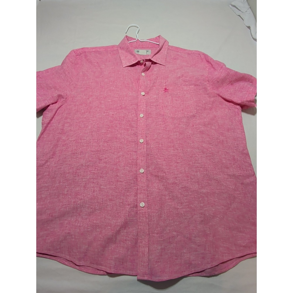 An Original Penguin Shirt Mens XL Pink Linen Blend Short Sleeve Button Up Casual